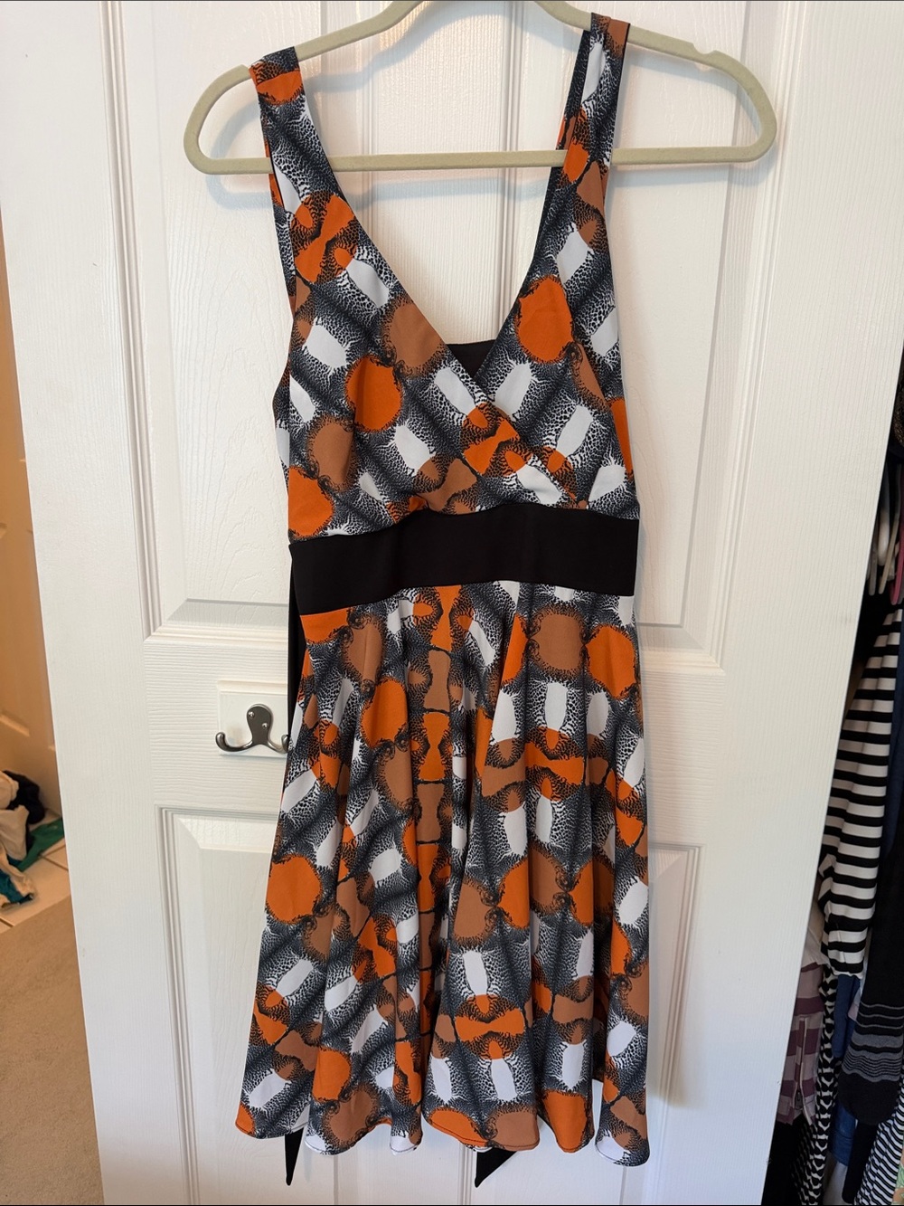 Coconinno Sleeveless Orange & Black Patterned Fit-and-Flare Dress